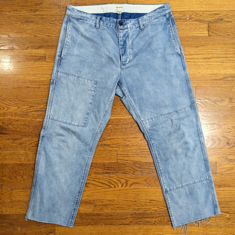 Todd Snyder Patched Chore Pant Cropped Raw Hem 36x27 indigo dyed